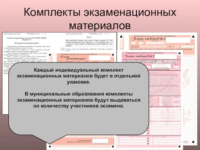 Комплекты экзаменационных материалов Каждый индивидуальный комплект экзаменационных материалов будет в отдельной упаковке.