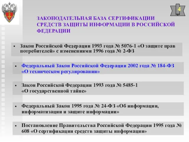 ЗАКОНОДАТЕЛЬНАЯ БАЗА СЕРТИФИКАЦИИ СРЕДСТВ ЗАЩИТЫ ИНФОРМАЦИИ В РОССИЙСКОЙ ФЕДЕРАЦИИ Закон Российской Федерации