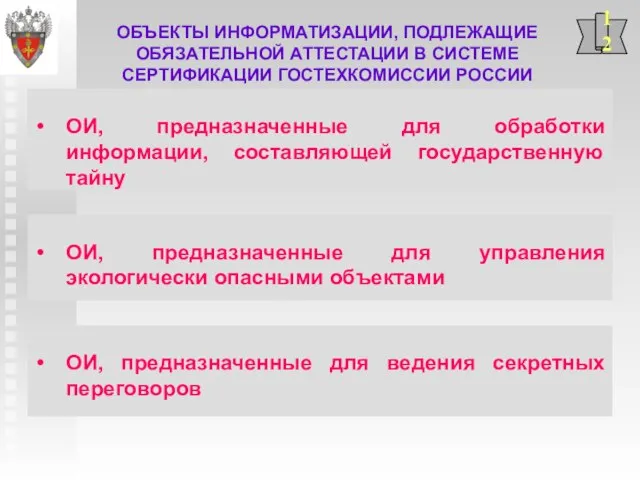 ОБЪЕКТЫ ИНФОРМАТИЗАЦИИ, ПОДЛЕЖАЩИЕ ОБЯЗАТЕЛЬНОЙ АТТЕСТАЦИИ В СИСТЕМЕ СЕРТИФИКАЦИИ ГОСТЕХКОМИССИИ РОССИИ 12 ОИ,