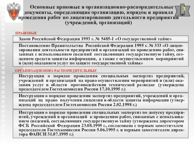 Основные правовые и организационно-распорядительные документы, определяющие организацию, порядок и правила проведения работ