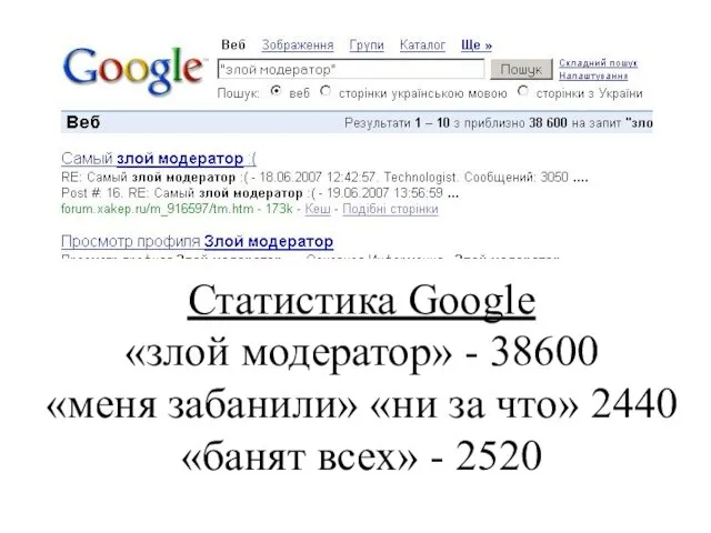 Статистика Google «злой модератор» - 38600 «меня забанили» «ни за что» 2440 «банят всех» - 2520