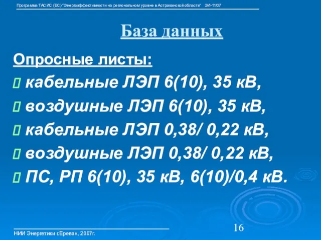 База данных Опросные листы: кабельные ЛЭП 6(10), 35 кВ, воздушные ЛЭП 6(10),