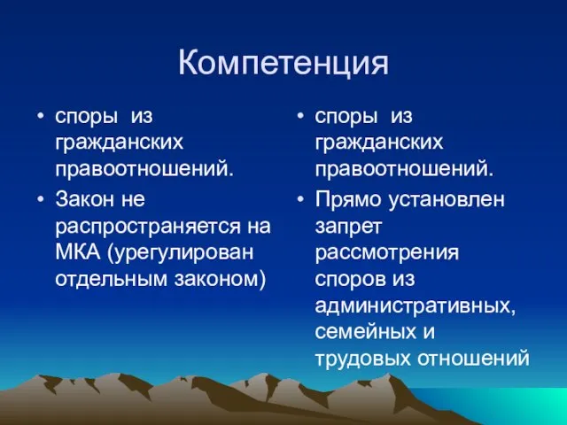 Компетенция споры из гражданских правоотношений. Закон не распространяется на МКА (урегулирован отдельным