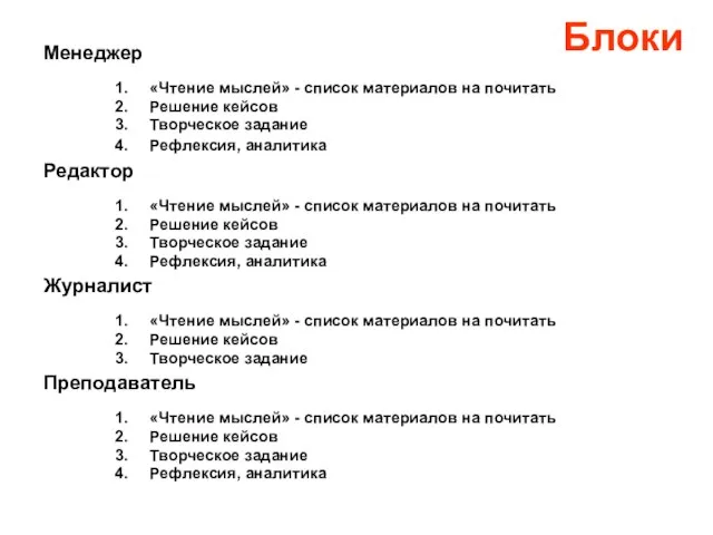 Менеджер 1. «Чтение мыслей» - список материалов на почитать 2. Решение кейсов