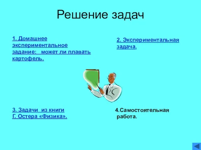 Решение задач 4.Самостоятельная работа. 1. Домашнее экспериментальное задание: может ли плавать картофель.