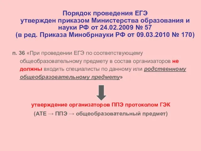 Порядок проведения ЕГЭ утвержден приказом Министерства образования и науки РФ от 24.02.2009
