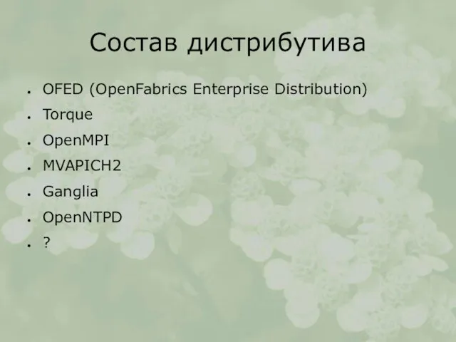 Состав дистрибутива OFED (OpenFabrics Enterprise Distribution)‏ Torque OpenMPI MVAPICH2 Ganglia OpenNTPD ?