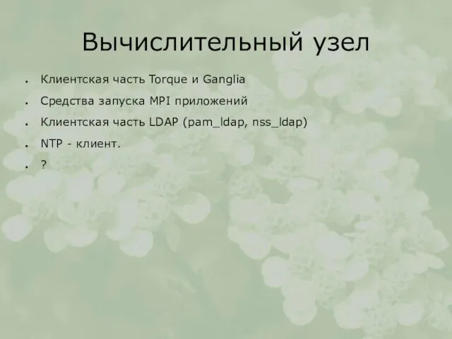 Вычислительный узел Клиентская часть Torque и Ganglia Средства запуска MPI приложений Клиентская