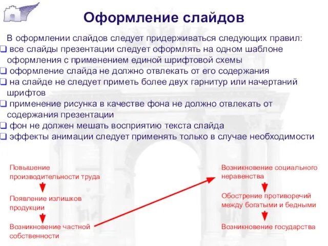 Оформление слайдов В оформлении слайдов следует придерживаться следующих правил: все слайды презентации