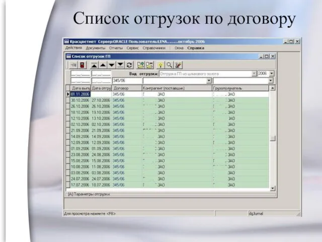 Cписок отгрузок по договору
