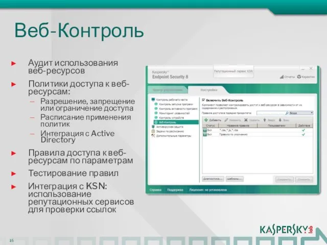 Веб-Контроль Аудит использования веб-ресурсов Политики доступа к веб-ресурсам: Разрешение, запрещение или ограничение