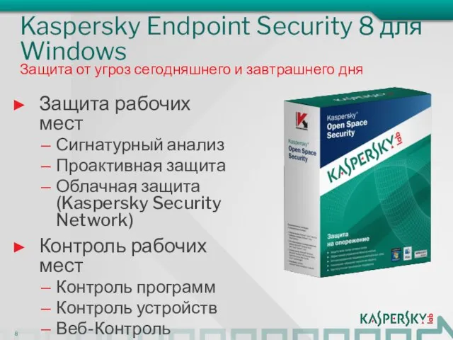 Kaspersky Endpoint Security 8 для Windows Защита рабочих мест Сигнатурный анализ Проактивная