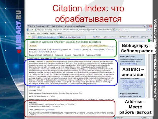 Citation Index: что обрабатывается Bibliography – библиография Abstract – аннотация Address – Место работы автора