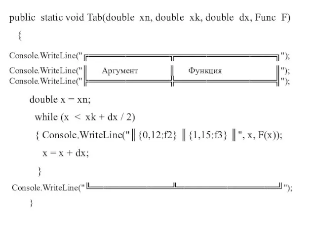 public static void Tab(double xn, double xk, double dx, Func F) {