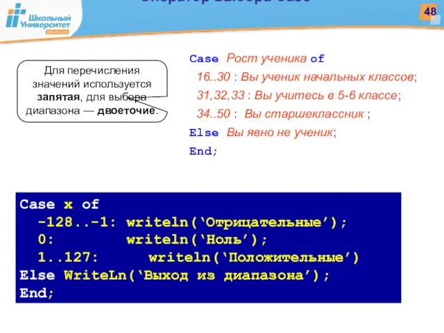 Case x of -128..-1: writeln(‘Отрицательные’); 0: writeln(‘Ноль’); 1..127: writeln(‘Положительные’) Else WriteLn(‘Выход из