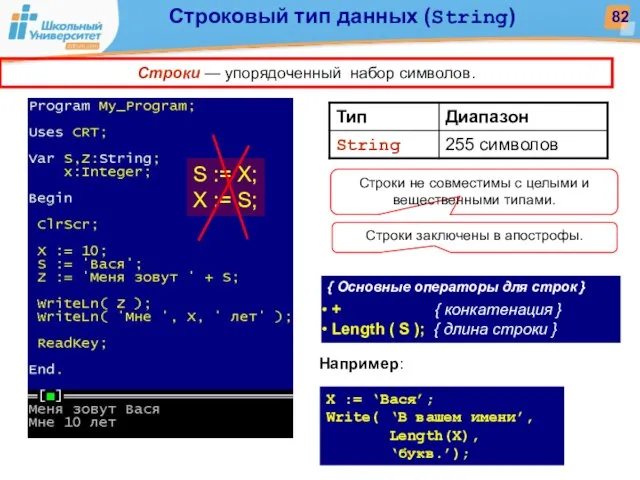 Строки — упорядоченный набор символов. S := X; X := S; Строковый