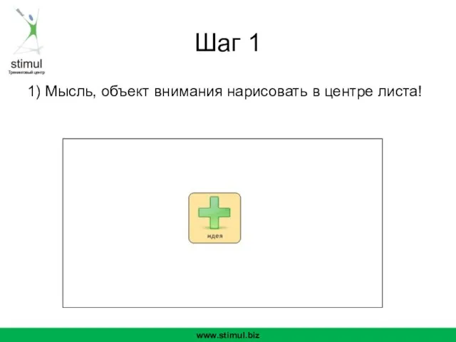 Шаг 1 1) Мысль, объект внимания нарисовать в центре листа! www.stimul.biz