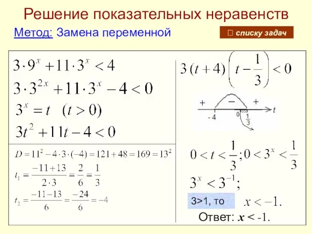 Решение показательных неравенств Метод: Замена переменной Ответ: х 3>1, то ? списку задач