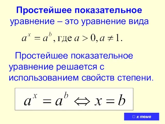 Простейшее показательное уравнение – это уравнение вида Простейшее показательное уравнение решается с