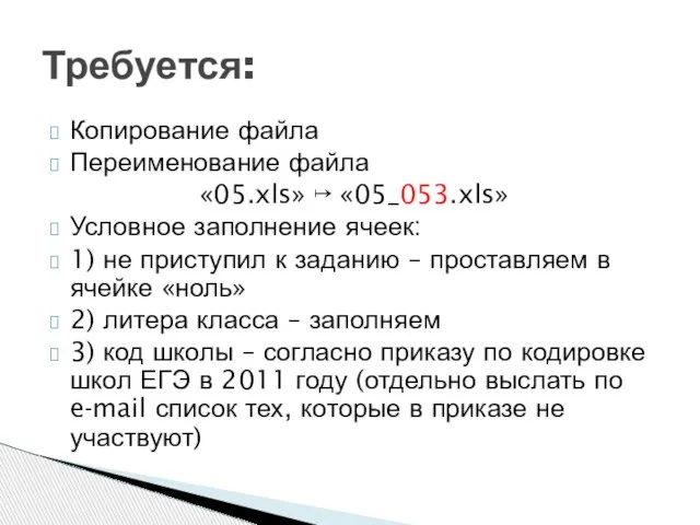 Копирование файла Переименование файла «05.xls» ↦ «05_053.xls» Условное заполнение ячеек: 1) не