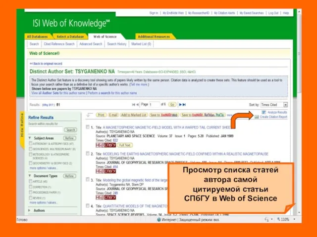 Просмотр списка статей автора самой цитируемой статьи СПбГУ в Web of Science