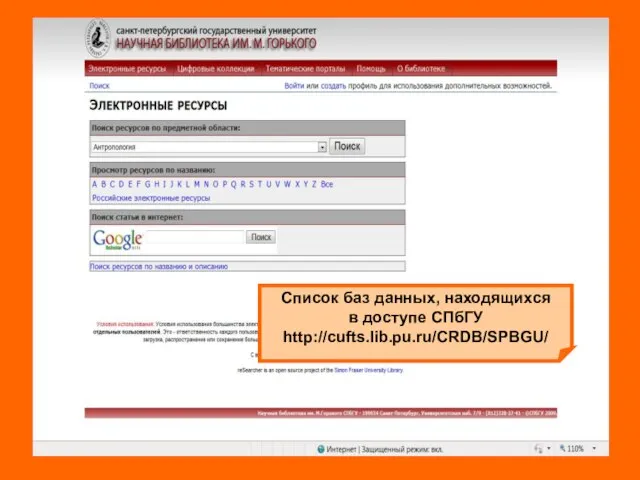 Список баз данных, находящихся в доступе СПбГУ http://cufts.lib.pu.ru/CRDB/SPBGU/