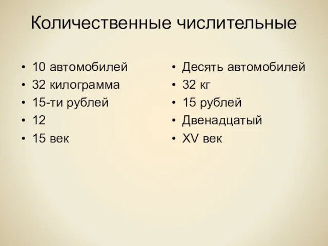 Количественные числительные 10 автомобилей 32 килограмма 15-ти рублей 12 15 век Десять