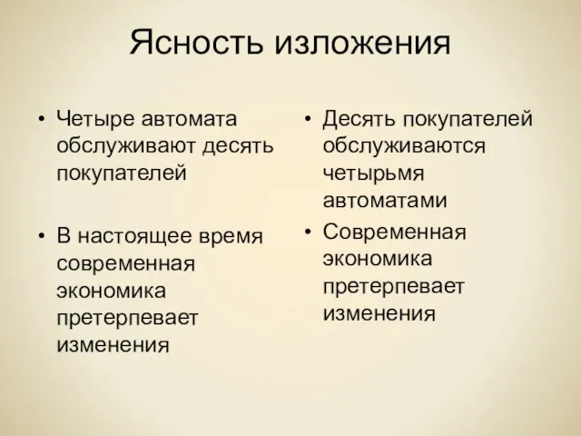 Ясность изложения Четыре автомата обслуживают десять покупателей В настоящее время современная экономика