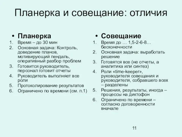 Планерка и совещание: отличия Планерка Время – до 30 мин Основная задача: