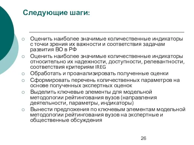 Следующие шаги: Оценить наиболее значимые количественные индикаторы с точки зрения их важности