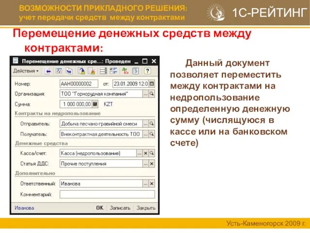 ВОЗМОЖНОСТИ ПРИКЛАДНОГО РЕШЕНИЯ: учет передачи средств между контрактами Усть-Каменогорск 2009 г. 1С-РЕЙТИНГ