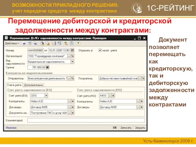 ВОЗМОЖНОСТИ ПРИКЛАДНОГО РЕШЕНИЯ: учет передачи средств между контрактами Усть-Каменогорск 2009 г. 1С-РЕЙТИНГ