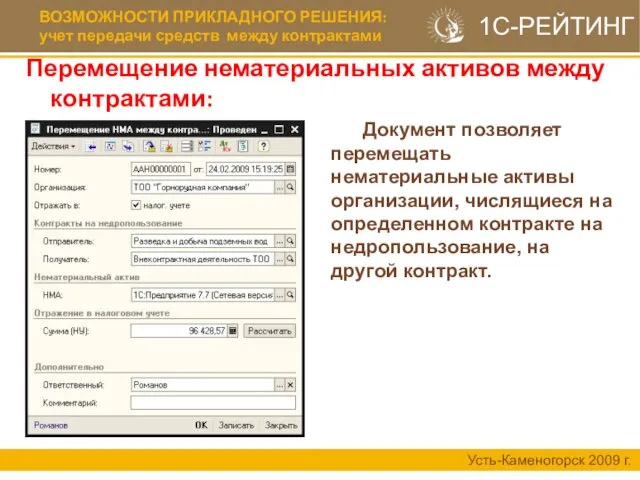 ВОЗМОЖНОСТИ ПРИКЛАДНОГО РЕШЕНИЯ: учет передачи средств между контрактами Усть-Каменогорск 2009 г. 1С-РЕЙТИНГ