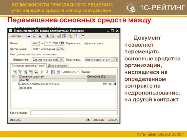 ВОЗМОЖНОСТИ ПРИКЛАДНОГО РЕШЕНИЯ: учет передачи средств между контрактами Усть-Каменогорск 2009 г. 1С-РЕЙТИНГ