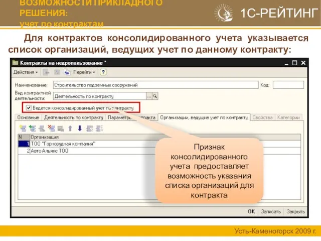 Усть-Каменогорск 2009 г. Для контрактов консолидированного учета указывается список организаций, ведущих учет