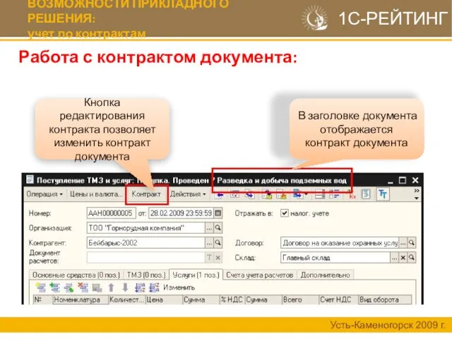 Работа с контрактом документа: Усть-Каменогорск 2009 г. 1С-РЕЙТИНГ ВОЗМОЖНОСТИ ПРИКЛАДНОГО РЕШЕНИЯ: учет