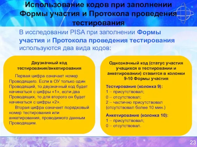 Использование кодов при заполнении Формы участия и Протокола проведения тестирования В исследовании