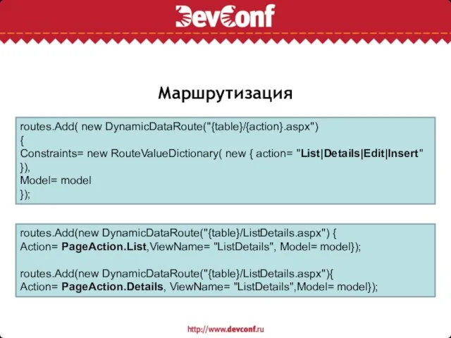 Маршрутизация routes.Add( new DynamicDataRoute("{table}/{action}.aspx") { Constraints= new RouteValueDictionary( new { action= "List|Details|Edit|Insert"