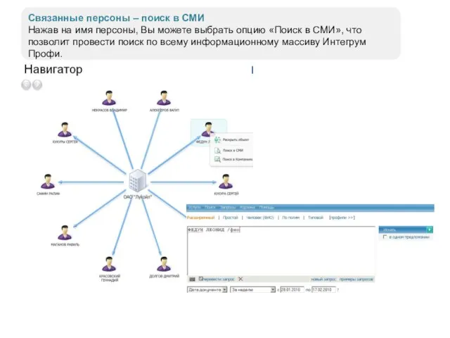 Связанные персоны – поиск в СМИ Нажав на имя персоны, Вы можете