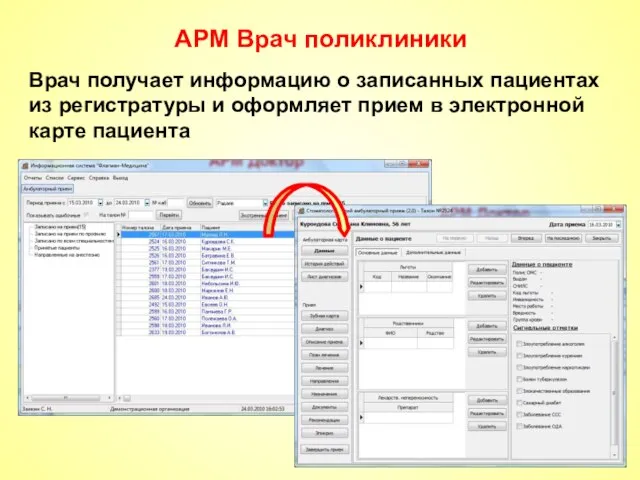 АРМ Врач поликлиники Врач получает информацию о записанных пациентах из регистратуры и