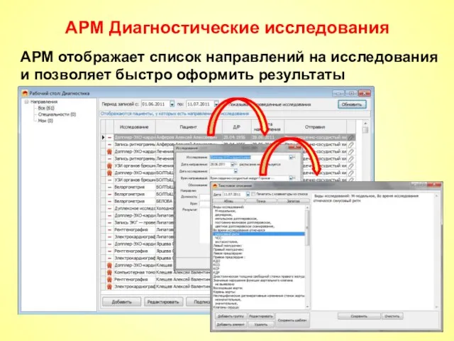 АРМ Диагностические исследования АРМ отображает список направлений на исследования и позволяет быстро оформить результаты