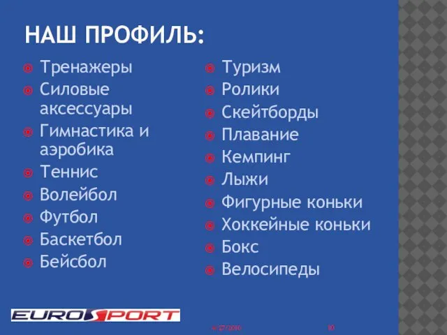 НАШ ПРОФИЛЬ: Тренажеры Силовые аксессуары Гимнастика и аэробика Теннис Волейбол Футбол Баскетбол