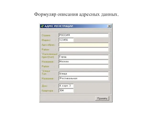 Формуляр описания адресных данных.