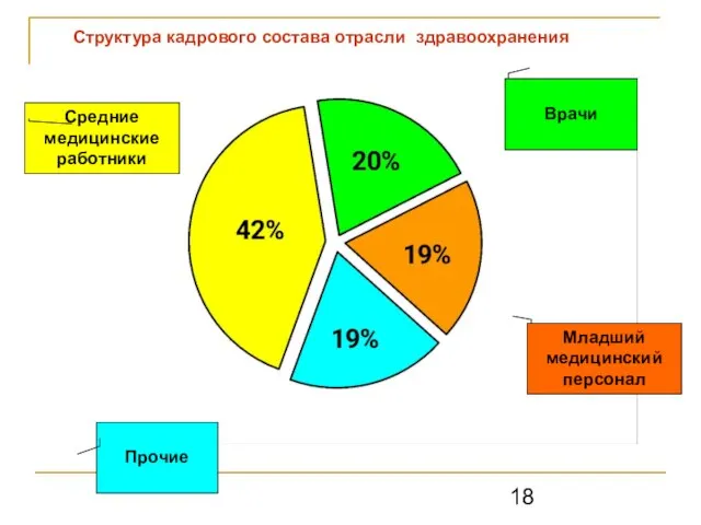 Структура кадрового состава отрасли здравоохранения Врачи Младший медицинский персонал Прочие Средние медицинские работники