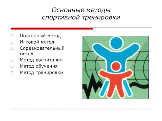 Основные методы спортивной тренировки Повторный метод Игровой метод Соревновательный метод Метод воспитания Метод обучения Метод тренировки