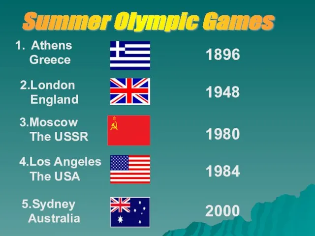 Summer Olympic Games Athens Greece 2.London England 3.Moscow The USSR 4.Los Angeles