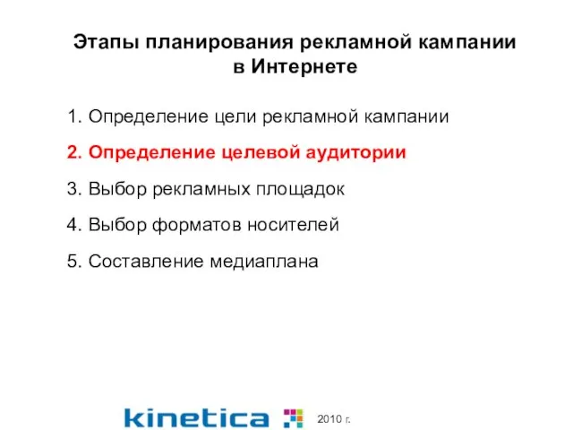 Этапы планирования рекламной кампании в Интернете 1. Определение цели рекламной кампании 2.