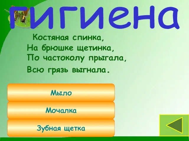 Костяная спинка, На брюшке щетинка, По частоколу прыгала, Всю грязь выгнала. гигиена Зубная щетка Мочалка Мыло