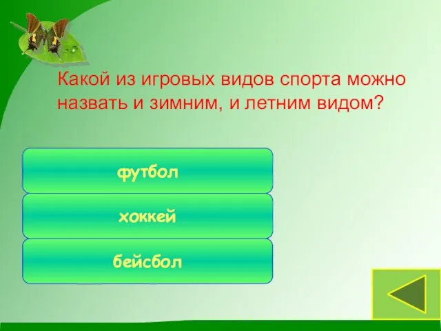 Какой из игровых видов спорта можно назвать и зимним, и летним видом? бейсбол хоккей футбол Спорт