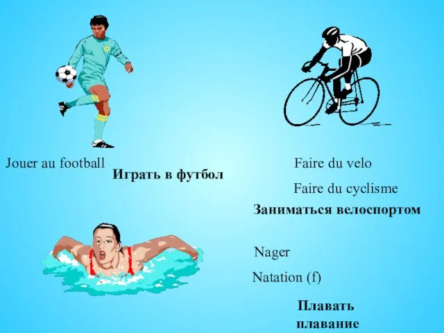 Jouer au football Faire du velo Faire du cyclisme Nager Natation (f)